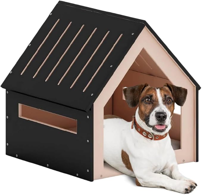 Big House for Pets, Wooden House for Pets for Interiors, Resistant Wood with Cushion for Dog Included, Minimalist, Elegant and Resistant, 24x25x24.5 in, Black