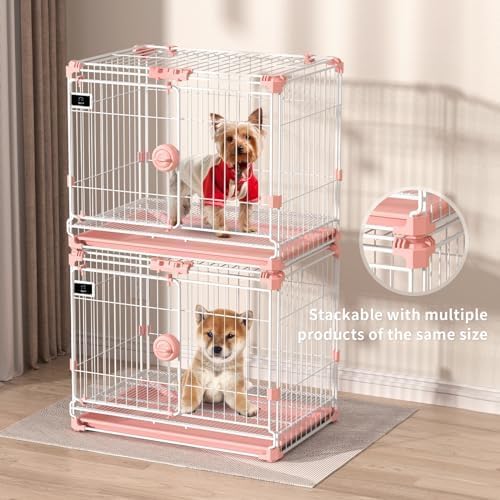 Dog Crate for Small Dogs Under 25lbs,24 inch Pink Thick Metal Dog Kennel Indoor Wire Cage with Double Door and Removable Tray for Pets,Puppy and Animal