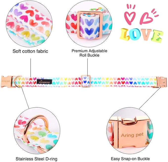 ARING PET Valentine's Day Dog Collar-Adorable Dog Collar with Felt Flower, Cotton Colorful Heart Dog Collars Pet Collars with Metal Buckle