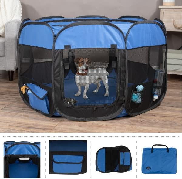 Pet Playpen - 42x25 Pop-Up Dog Kennel with Carry Bag - Portable Play Pen for Dogs, Cats, Rabbits, and Small Animals by PETMAKER (Blue)