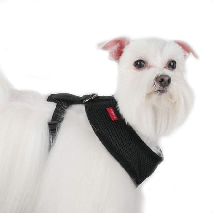 Puppia Soft Dog Harness No Choke Over-The-Head Triple Layered Breathable Mesh Adjustable Chest Belt and Quick-Release Buckle, Black, Medium