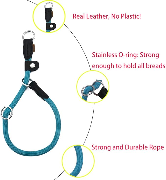 Braided Rope Collar, Training Dog Collar, Round Martingale Collar, Slip Collar with Adjustable Stopper and Slidable Stop Ring - Ideal for Medium Dogs (M(1/3") - 18" Long, Light Blue)