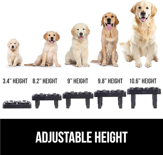 GORILLA GRIP Elevated Dog Bowls Stand, 6 Cup Stainless Steel Food Bowl Set of 2, 5 Height Adjustable Raised Feeding Station for Small Breed Puppy Dogs and Cats, Medium, Large Sized Pets Feeder, Black