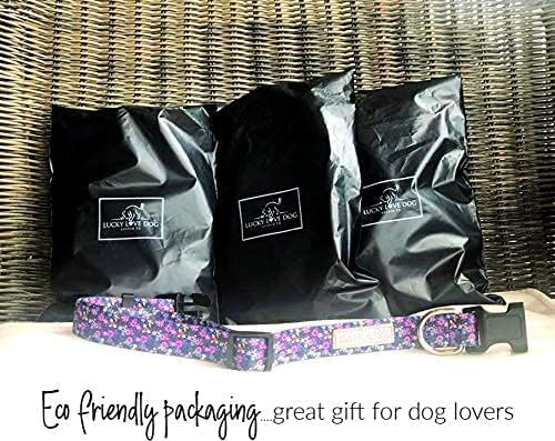 Lucky Love Dog, Comfortable, Soft, Cute Female Dog Collar for Medium Dogs, Black & Purple Floral Print, Adjustable Nylon Collar, Primrose, Medium