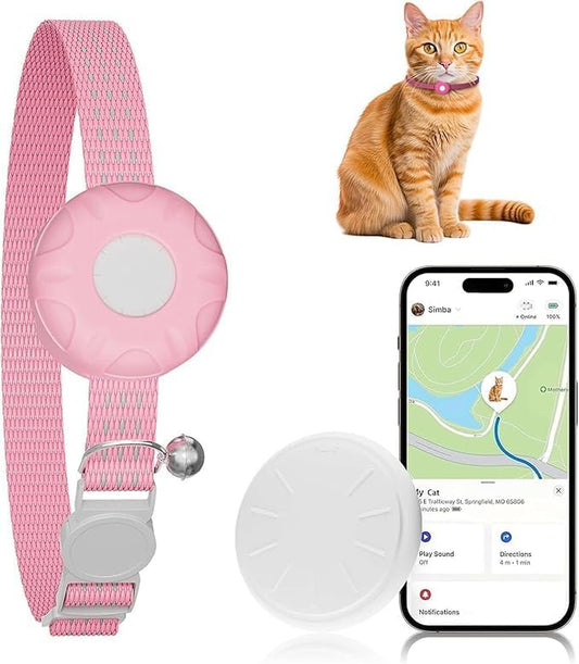 Cat Tracker,No Monthly Fee Cat Tracker Collar (Only iOS),Waterproof Pet Tracker for Cats with Safety Elastic Buckle,Works with Any Collar,Compatible with Apple Find My App not for Android-(Pink)