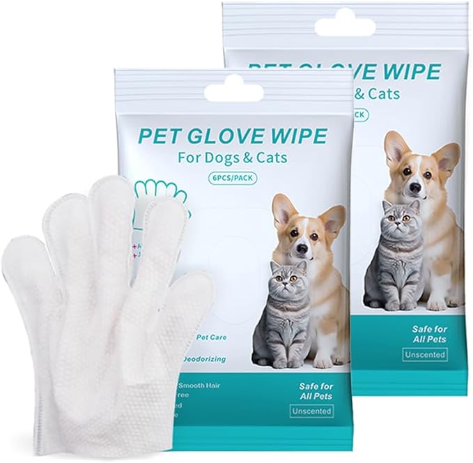Cleaning Glove for Dog and Cat, Wipes Gloves for Dog and Cat Fur Face, Ear, Eye, Paws Cleaning Wipes Pet Wash Free Gloves, Grooming Wipes for Pet No Rinse Thick Dog Wipes Gloves(12 Pcs)