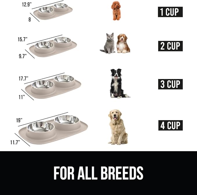 GORILLA GRIP Patent Pending 100% Waterproof BPA Free Cat and Dog Bowls Silicone Feeding Mat Set, Stainless Steel Bowl Slip Resistant Raised Edges, Catch Water, Food, Pet Accessories, 2 Cup, Beige