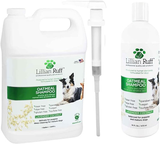 Lillian Ruff Calming Oatmeal Pet Shampoo for Dry Skin & Itch Relief with Aloe & Hydrating Essential Oils - Replenish Moisture & Deodorize -Gentle Dog Shampoo for Normal/Sensitive Skin (Gallon & Pump)