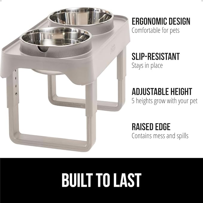 GORILLA GRIP Elevated Dog Bowls Stand, 6 Cup Stainless Steel Food Bowl Set of 2, 5 Height Adjustable Raised Feeding Station for Small Breed Puppy Dogs and Cats, Medium, Large Sized Pets Feeder, Beige