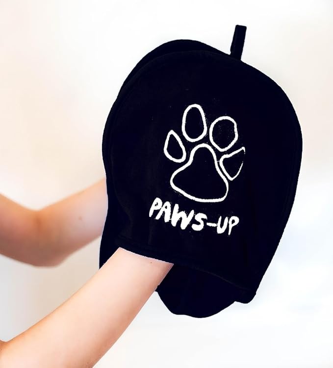Paws-up Paw Cleaning Towel for Dogs removes mud Dirt Grass Sand allergens Machine Washable Microfiber Also Great for a Quick Dry Puppy Bath Towel with Two Hand Pockets for Control. 25.5” X 9” Black