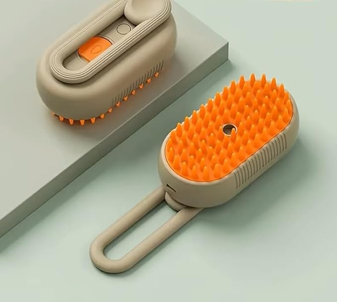 3-in-1 Steam Pet Brush for Cats & Dogs – Self-Cleaning Grooming Comb with Spray Mist, Massage & Shedding, Rechargeable USB, Anti-Static, Foldable Handle (TAN)