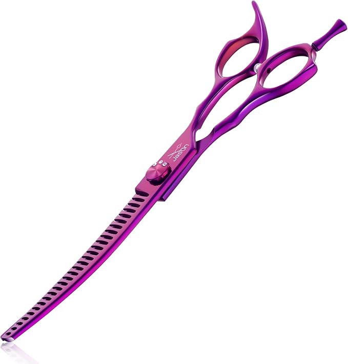 JASON 7" Dog Grooming Scissors - Ergonomic Curved Chunkers Purple Curved Dog Shears 440C Stainless Steel Grooming Shears Professional Pet Shears For Groomer (28-Teeth, Down-curved)