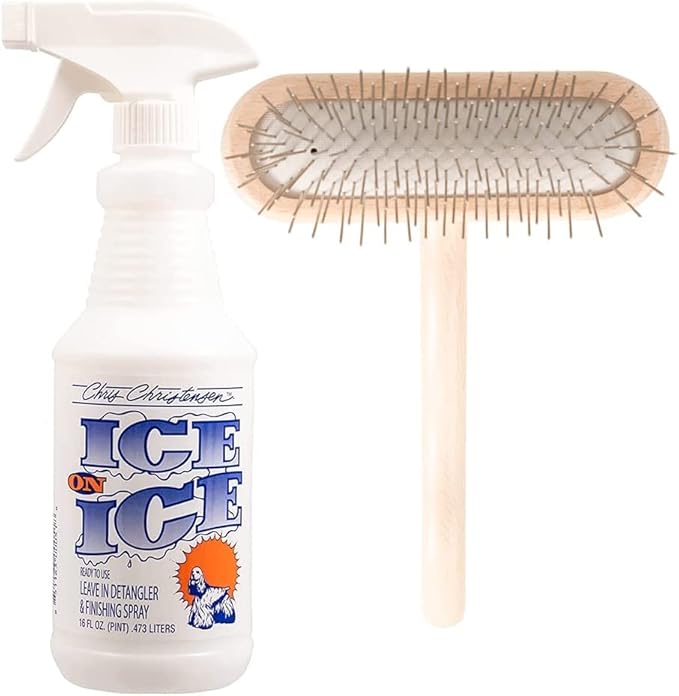 Chris Christensen Detangle and Finishing Spray + Dog Brush Bundle: Ice on Ice Detangler & Finishing Spray- Adds Elasticity & Strength + 27mm T-Brush- Stainless Steel Pins