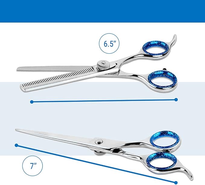 Laazar Pet Grooming Set - 7" Straight Pet Grooming Scissors & 6.5" Pet Thinning Shears with 42 Teeth | Professional Dog Shearing Scissors Kit | Use as Dog Shears, Cat Shears, Rabbit Shears