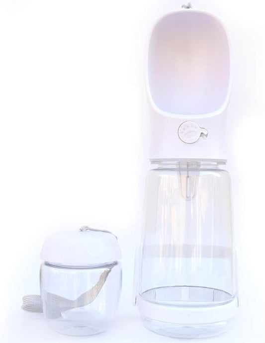 Dog Water Bottle with Food Container Holder, Travel Puppy Drinking Bowl, Portable Pet Water Dispenser, Patented Design, Food Grade Plastic 19 oz Water Bottle+100g Snack cans