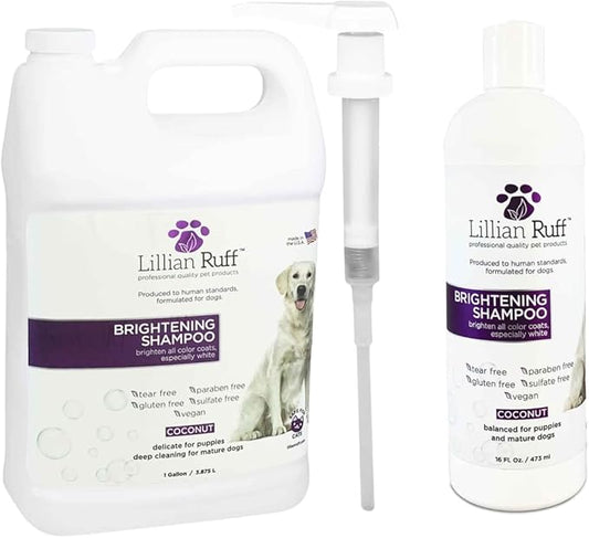 Lillian Ruff Ultra-Brightening Professional Whitening Shampoo for Dogs with Aloe & Coconut Oil for Dry Skin & Itch Relief - pH-Balanced Dog Whitening Shampoo Remove Stains, & Yellowing (Gallon/Pump)