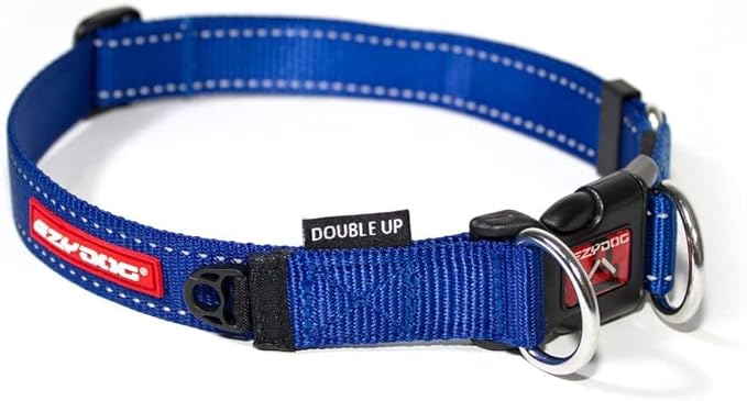 EzyDog Double Up Premium Nylon Dog Collar with Reflective Stitching - Double D-Rings for Superior Strength, Safety, and Comfortability - Non-Rusting and Includes an ID Attachment (X-Large, Blue)