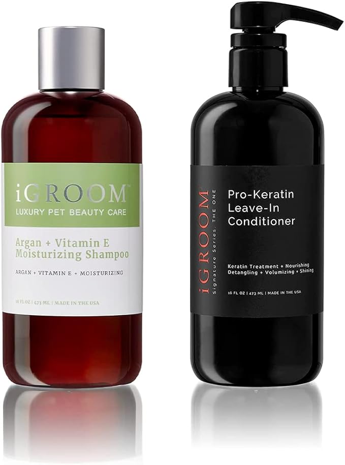iGroom Dog Groomers Bundle - Argan & Vitamin E Dog Shampoo Concentrate, Enhanced Cleaning, 16 oz - Pro-Keratin Leave-in Conditioner, Excellent Detangling, 16 oz