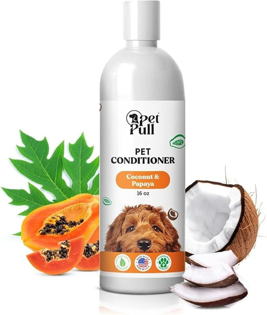 Dog Conditioner Puppy Essentials - Moisturizing Conditioner for Dogs with Coconut and Papaya Scent - Plant Based Dog Bath Supplies Detangle and Revive Pet's Coat - Made in USA (16 Oz)