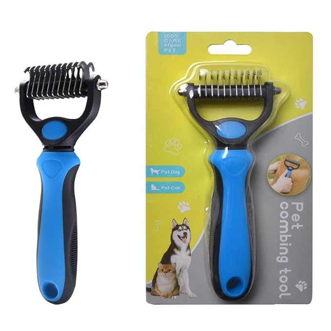 Blue Pet Grooming Glove for Right Hand and Deshedding Undercoat Rake Combo,Gentle Scrub Dematting Fur for Cats Dogs,Efficient Pet Hair Remover