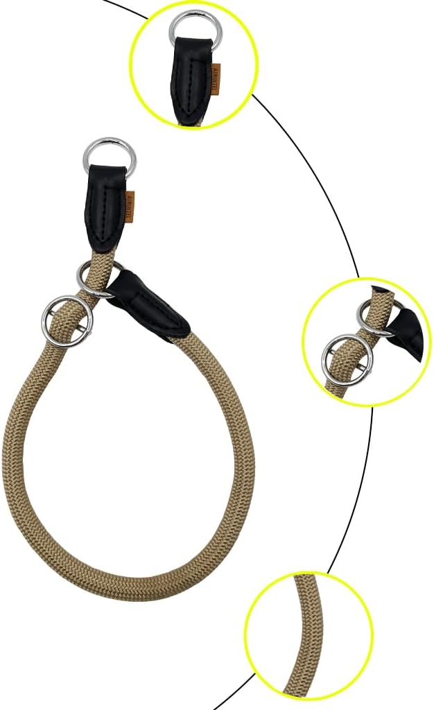 Braided Collar, Pro Training Dog Collar, No Pull Round Collar, Slip Collar with Slidable Stop Ring - Ideal for Medium/Large Dogs (M+(1/2") - 18" Long, Khaki)