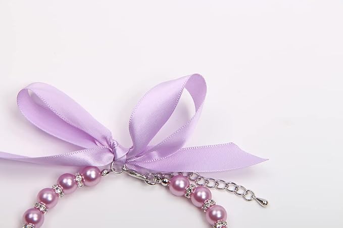 Dog Cat Pearls Necklace Collar with Bling Accessories and Ribbon Bow Pet Puppy Jewelry for Female Dogs Cats Small Medium (XL, Purple)
