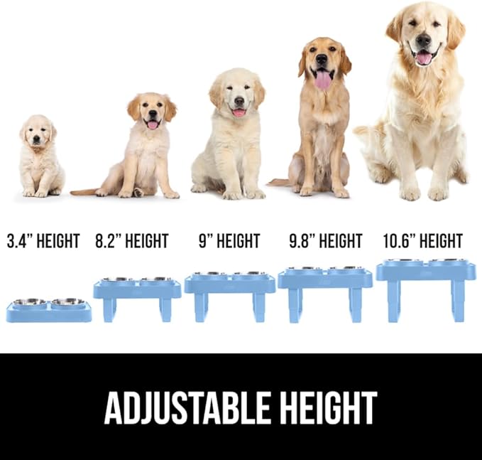 GORILLA GRIP Elevated Dog Bowls Stand, 6 Cup Stainless Steel Food Bowl Set of 2, 5 Height Adjustable Raised Feeding Station for Small Breed Puppy Dogs and Cats, Medium, Large Sized Pets Feeder, Blue