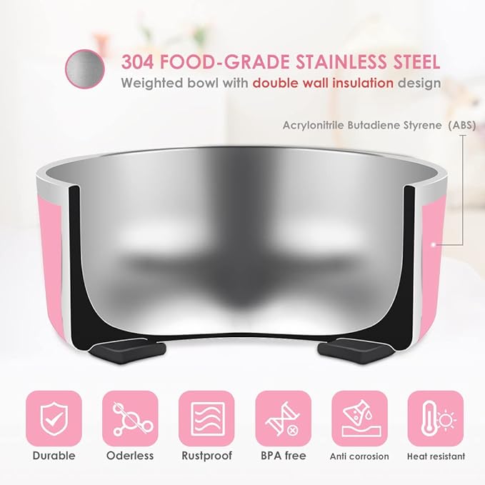 IKITCHEN Dog Bowl for Food and Water, 40 Oz Stainless Steel Pet Feeding Bowl, Durable Non-Skid Double Wall Insulated Heavy Duty with Rubber Bottom for Medium Large Dogs (40 Ounces/5 Cup, Pink)