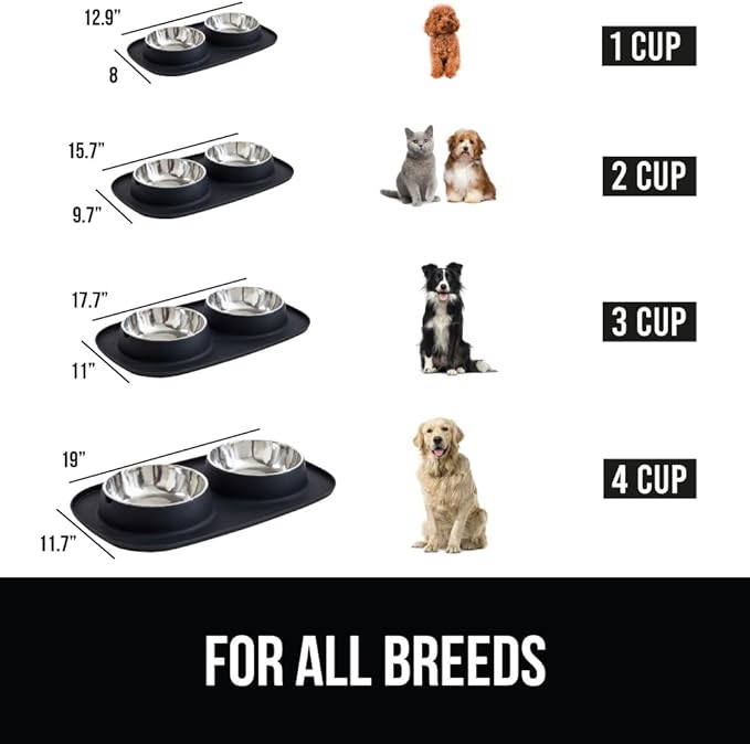 GORILLA GRIP Patent Pending 100% Waterproof BPA Free 3 Cup Cat and Dog Bowls Silicone Feeding Mat Set, Stainless Steel Bowl Slip Resistant Raised Edges, Catch Water, Food, Pet Accessories, Black