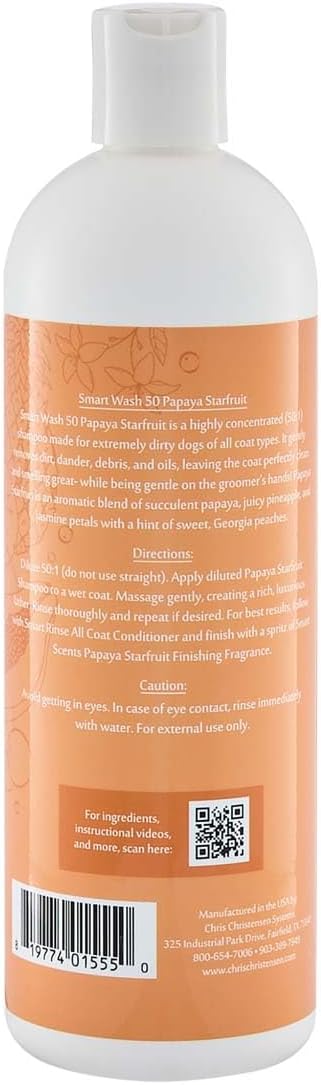 Chris Christensen Smartwash50 Papaya Starfruit Ultra Concentrated Dog Shampoo, Makes Up to 50 Bottles, Groom Like A Professional, Delightfully Fragranced, Suitable for All Coats, Made in USA, 16 Oz