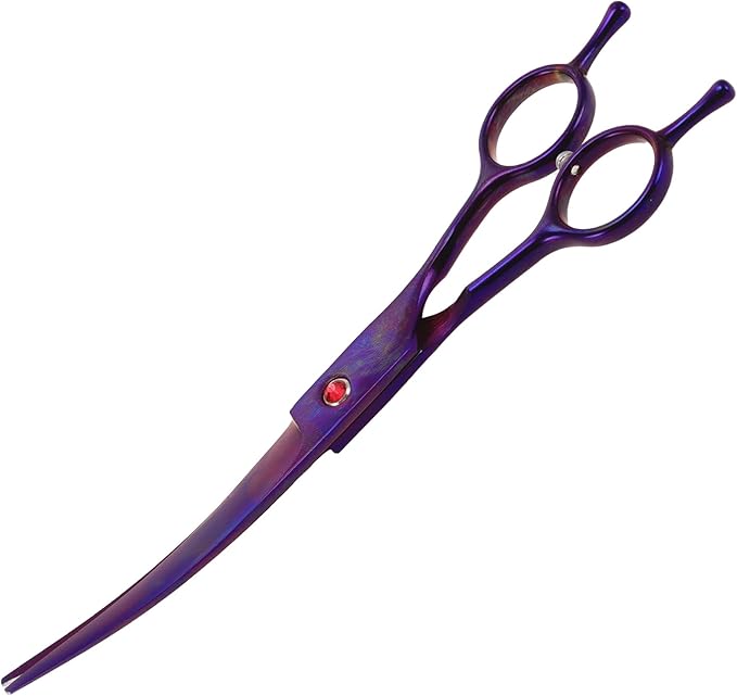 Dog Grooming Scissors, with Ergonomic Handle, Pill Popper for Cats, Upper Bend Shears, Stainless Steel Curved Shears for Dogs Cats, Purple, 7.5inch