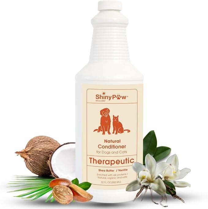 Dog Conditioner for Allergies and Itching | Shiny Paw 32 oz Shea Butter & Vanilla Conditioner for Dogs & Cats | Dog Matted Hair Detangler | Made in The USA