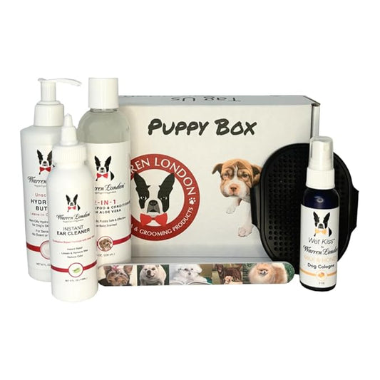 Puppy Gift Box - Includes Hydrating Butter, 2-in-1 Shampoo, Cologne, Grooming Bath Brush, Ear Cleaner and Nail File | Complete Puppy Care Set for New Pet Owners