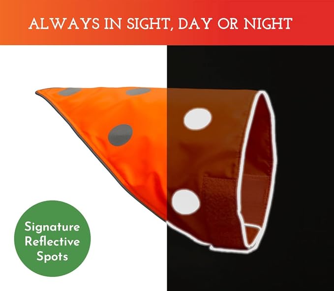 SPOT THE DOG! Reflective Dog Bandanas - High Visibility Safety Dog Accessories for Small, Large Dogs, Orange Collar, Scarf, Kerchief, Bib for Hunting, Camping, Walking at Night (Blaze Orange, L-XL)