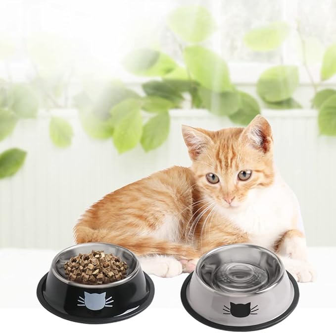 Cat Bowls for Food and Water,2PCS Rapsrk Non-Slip Stainless Steel Small 8 Oz Pet Bowl with Removable Rubber Base Dog Bowl,Stackable Puppy Dishes with Cute Cat Painted