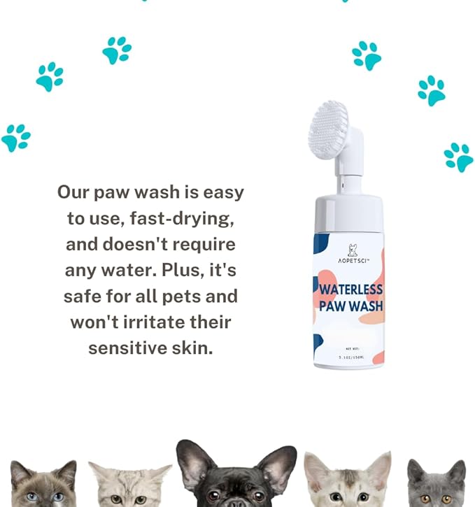 AOPETSCI Waterless Paw Wash Foam - Natural No-Rinse Cat and Dog Paw Cleaner; No Water Cat and Dog Paw Washer with Large Silicone Scrub Brush; Pet Paw Cleaner for Dogs Large, Medium and Small