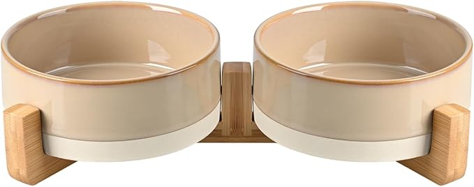 SPUNKYJUNKY Ceramic Dog and Cat Bowl Set with Wooden Stand, Modern Cute Weighted Food Water Bowl Set for Small Size Dogs (1.7 Cups, 2 × Pattern Brown)
