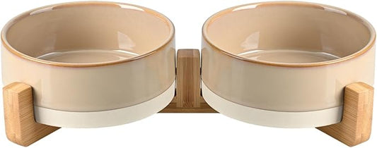 SPUNKYJUNKY Ceramic Dog and Cat Bowl Set with Wooden Stand, Modern Cute Weighted Food Water Bowl Set for Small Size Dogs (1.7 Cups, 2 × Pattern Brown)