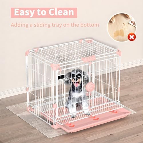 Dog Crate for Small Dogs Under 25lbs,24 inch Pink Thick Metal Dog Kennel Indoor Wire Cage with Double Door and Removable Tray for Pets,Puppy and Animal