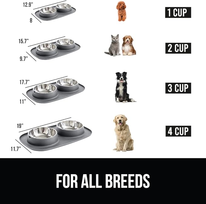 GORILLA GRIP Patent Pending 100% Waterproof BPA Free 4 Cup Cat and Dog Bowls Silicone Feeding Mat Set, Stainless Steel Bowl Slip Resistant Raised Edges, Catch Water, Food, Pet Accessories, Gray