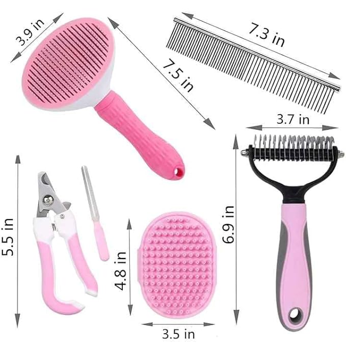 6-Piece Pink Grooming Brush dogs & Cat, Dog hair brush for Grooming small dogs, Puppy Brush for Small Dogs, Includes Bunny Nail Clippers with Case Pink, Easy to Transpor