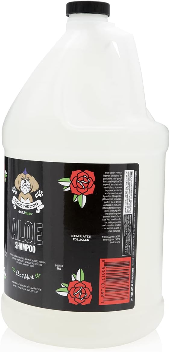Bark2Basics Rock The Dog Aloe Pet Shampoo, 1 Gallon - Enriched with Menthol for Cooling and Soothing The Skin, Adds Moisture and Hydration to The Skin and Coat, 16:1 Concentration, Professional