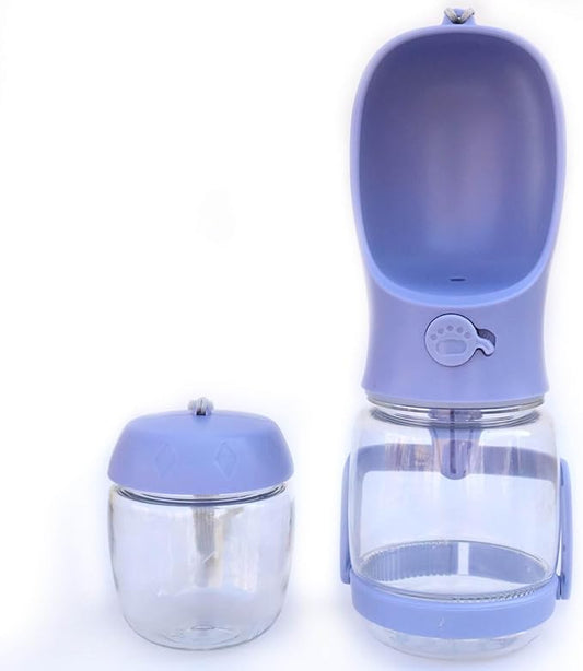 Dog Water Bottle with Food Container Holder, Travel Puppy Drinking Bowl, Portable Pet Water Dispenser, Patented Design, Food Grade Plastic 12 oz Water Bottle+100g Snack cans