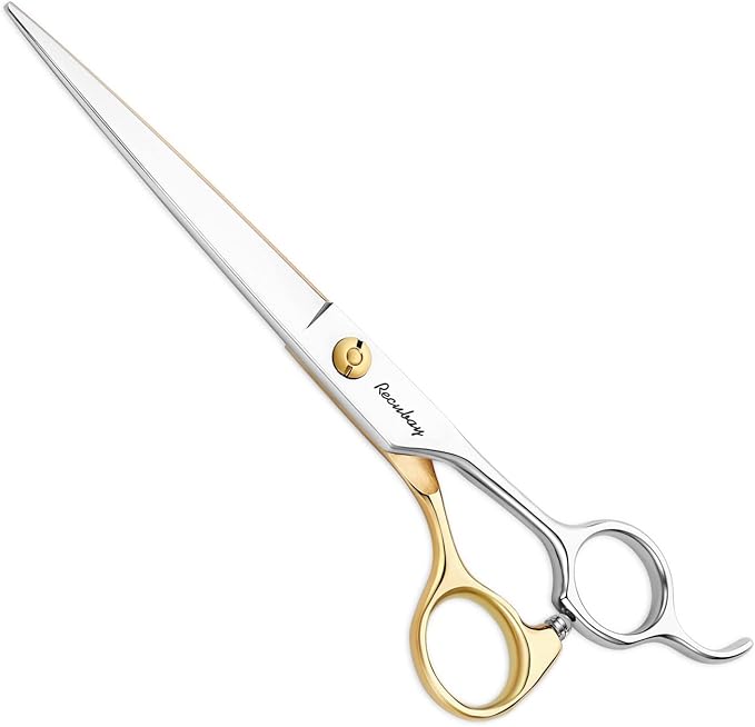 Dog Cat Scissors for Grooming, Pet Shears for Thick Coats and Matted Hair, Thinner Curved Straight Chunker Stainless Steel Shears (7.0" Straight Gold-Silver)
