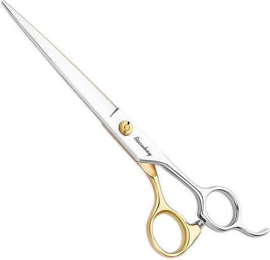 Dog Cat Scissors for Grooming, Pet Shears for Thick Coats and Matted Hair, Thinner Curved Straight Chunker Stainless Steel Shears (7.0" Straight Gold-Silver)