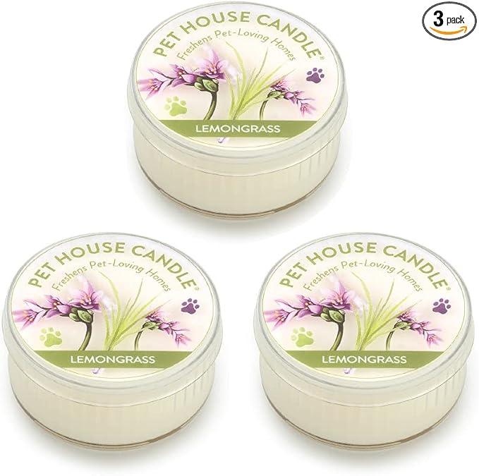 Pet House Mini Candles for Pet Odor Made with Natural Soy Wax, Plant Based, Dog and Cat Friendly Scented Candles, Lemongrass Pack of 3