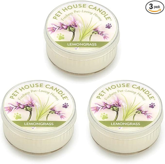 Pet House Mini Candles for Pet Odor Made with Natural Soy Wax, Plant Based, Dog and Cat Friendly Scented Candles, Lemongrass Pack of 3