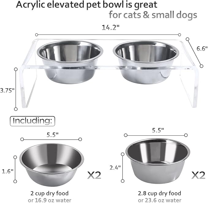 Acrylic Elevated Dog Cat Bowls Pet Feeder Double Bowl Raised Stand Comes with 4 Removable Stainless Steel Bowls. Perfect for Cats Puppies Small Dogs, 3.75 Inch