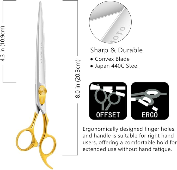 HASHIMOTO Dog Scissors for Grooming, Straight Dog Shears, 8.0 inch for Large Dog Trimming, Light Weight, Balanced, Ergonomically Designed for Professional Pet Groomers or Family DIY Use.