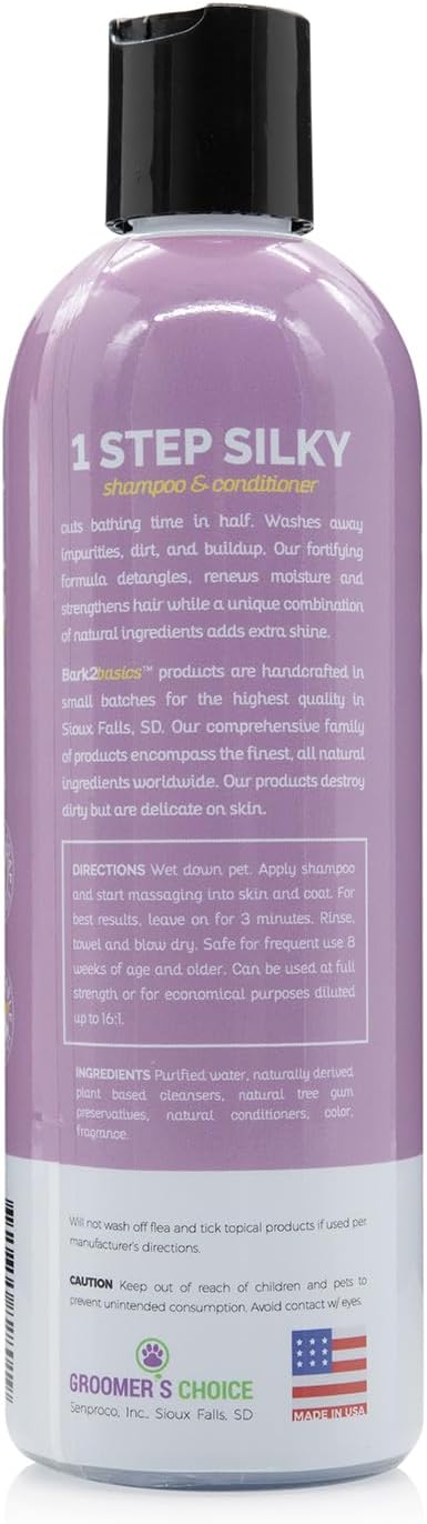 Bark2Basics One Step Silky Dog Shampoo & Conditioner, 16 oz - Natural Ingredients, 2 in 1 Formula, 16 to 1 Concentration, Detangles and Strengthens